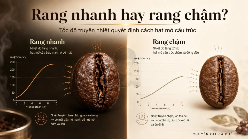 So sánh rang nhanh và rang chậm ảnh hưởng đến cấu trúc hạt cà phê sau rang.