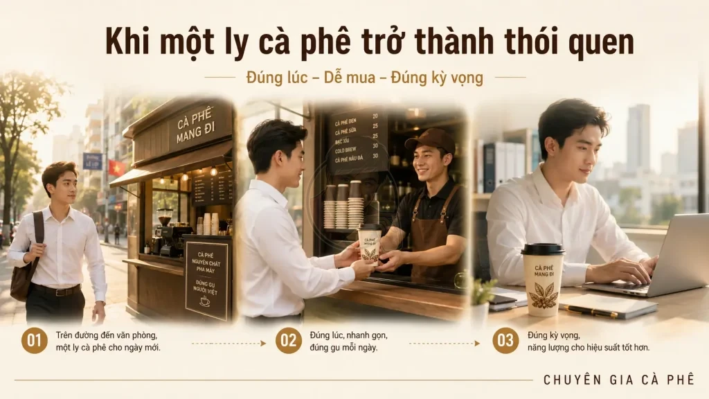Thói quen uống cà phê mỗi ngày của khách hàng Take Away trên đường đi làm.