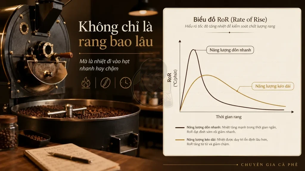 Biểu đồ tốc độ rang cà phê cho thấy năng lượng đi vào hạt nhanh hay chậm ảnh hưởng cấu trúc hạt.