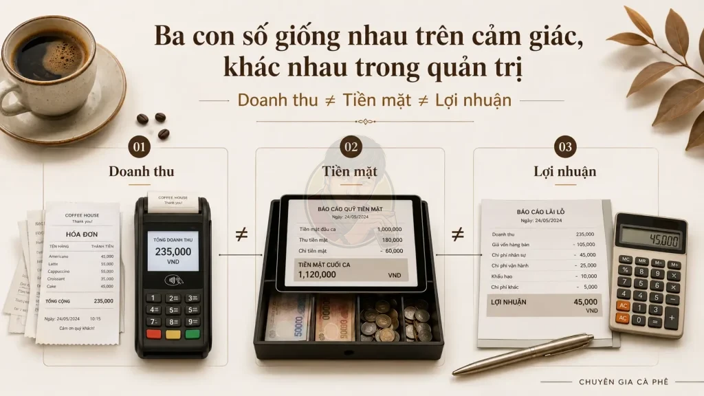 Phân biệt doanh thu, tiền mặt và lợi nhuận trong quản lý tài chính quán cà phê.