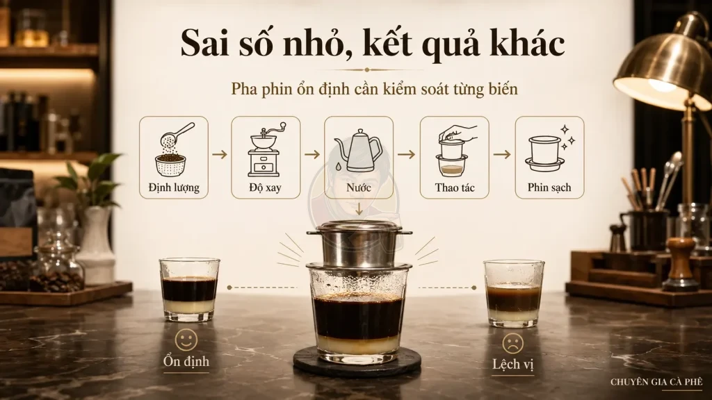 Sai số nhỏ trong định lượng độ xay và thao tác làm cà phê phin khác vị.
