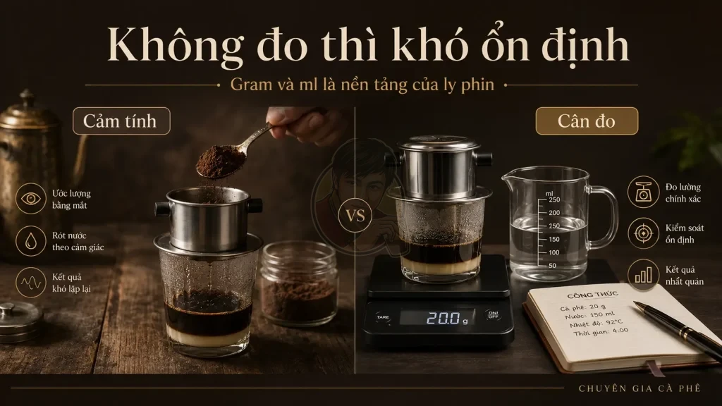 Cân cà phê và đo nước giúp giảm sai số khi pha phin tại quán.