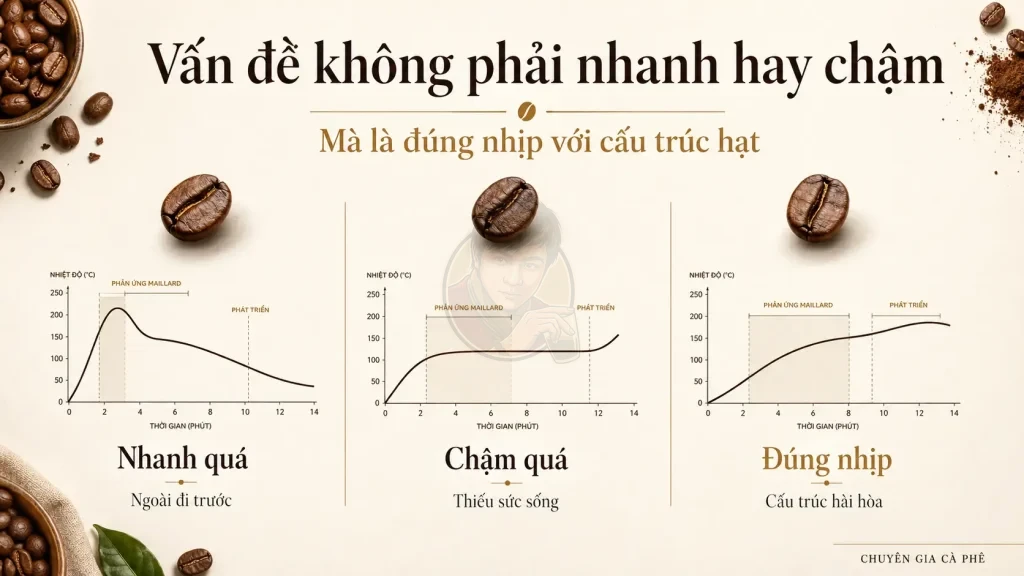 Ma trận so sánh rang nhanh quá, rang chậm quá và rang đúng nhịp trong cấu trúc hạt cà phê.