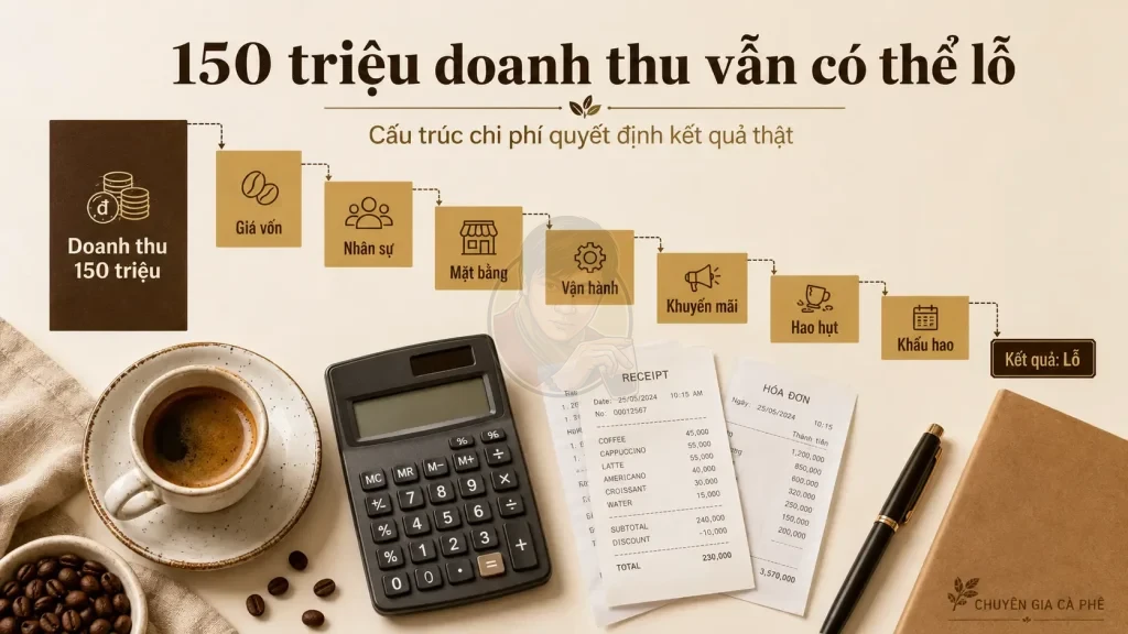 Ví dụ báo cáo lãi lỗ quán cà phê doanh thu 150 triệu đồng nhưng chi phí vượt lợi nhuận.
