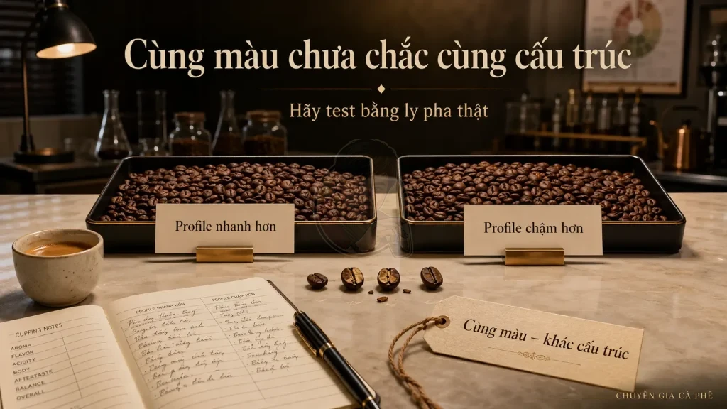 Hai mẫu cà phê cùng màu rang nhưng khác tốc độ rang có thể khác cấu trúc và hương vị.