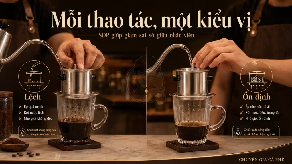 Thao tác gài nắp và rót nước khác nhau làm cà phê phin khác vị.