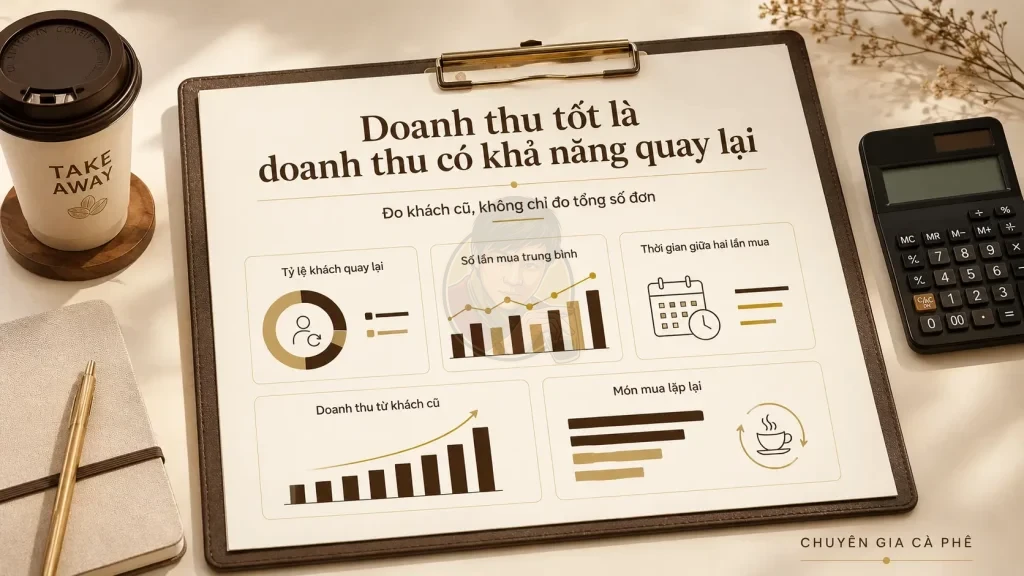 Bảng theo dõi doanh thu lặp lại và tỷ lệ khách quay lại của quán cà phê.