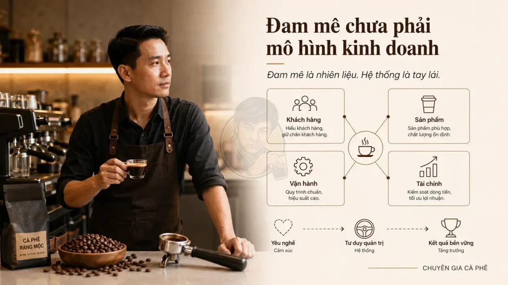 Đam mê cà phê cần kết hợp với hệ thống khách hàng, sản phẩm, vận hành và tài chính để kinh doanh thành công.