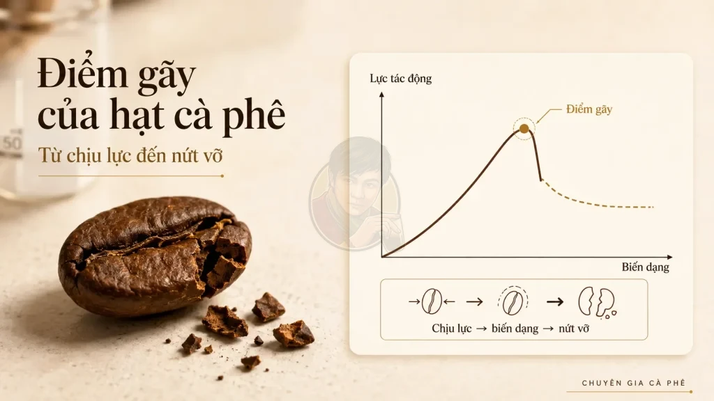 Biểu đồ lực và biến dạng minh họa điểm gãy cơ học của hạt cà phê sau rang.