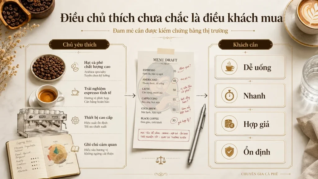 Chủ quán cần phân biệt sở thích cá nhân và nhu cầu khách hàng khi xây menu, thiết bị và sản phẩm cà phê.