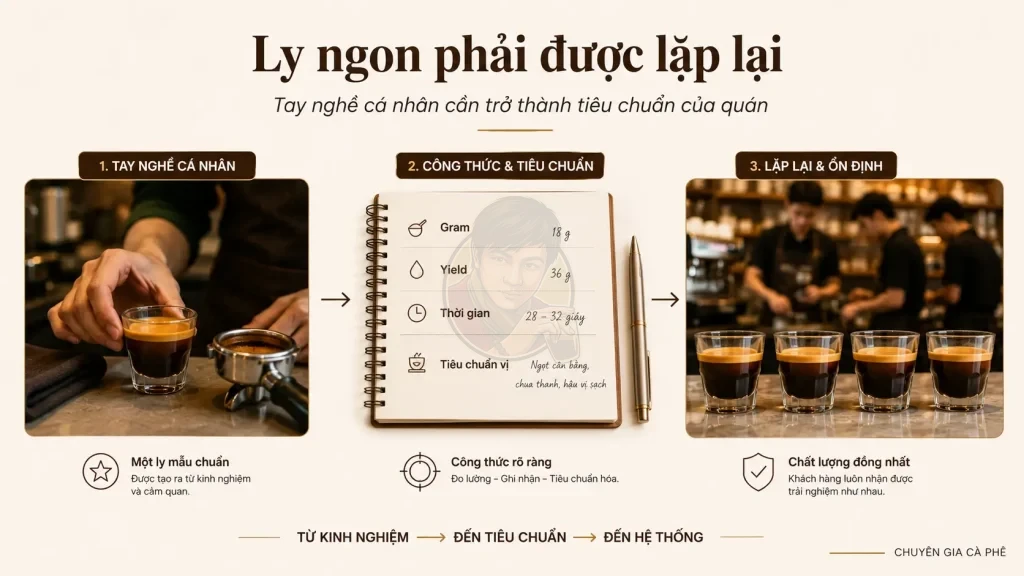 Chuẩn hóa công thức giúp chuyển tay nghề pha cà phê cá nhân thành hệ thống chất lượng ổn định cho quán.