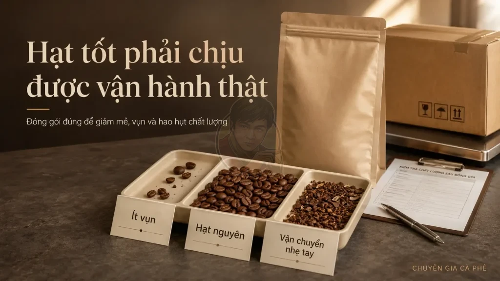 Kiểm tra độ bền cơ học hạt cà phê sau rang qua tỷ lệ hạt mẻ và vụn trong quá trình đóng gói vận chuyển.