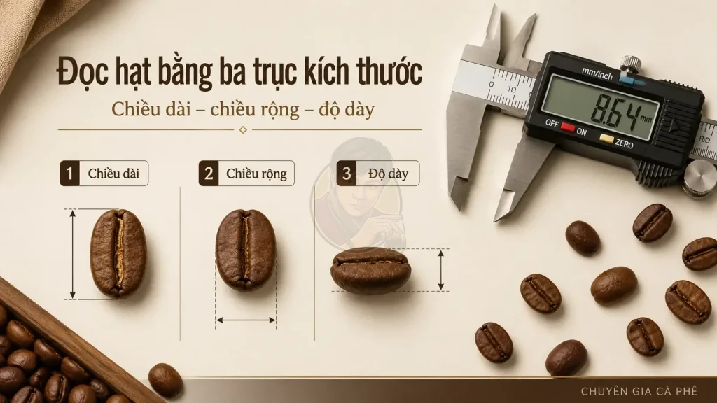 Đo chiều dài, chiều rộng và độ dày của hạt cà phê sau rang để đánh giá biến dạng hình học.