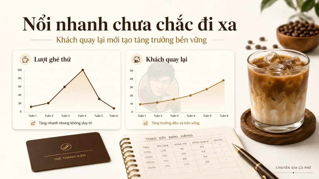 So sánh tăng trưởng lượt khách thử và tăng trưởng khách quay lại trong kinh doanh quán cà phê.