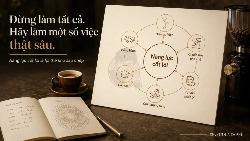 Năng lực cốt lõi trong ngành cà phê gồm hiểu gu khách, chuẩn hóa pha chế, thiết bị, rang và đào tạo.