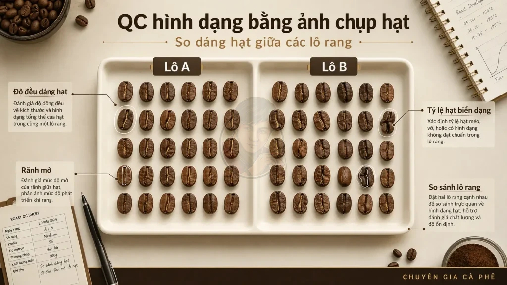 Kiểm tra biến dạng hình học hạt cà phê bằng ảnh chụp top-down và so sánh silhouette giữa các lô rang.