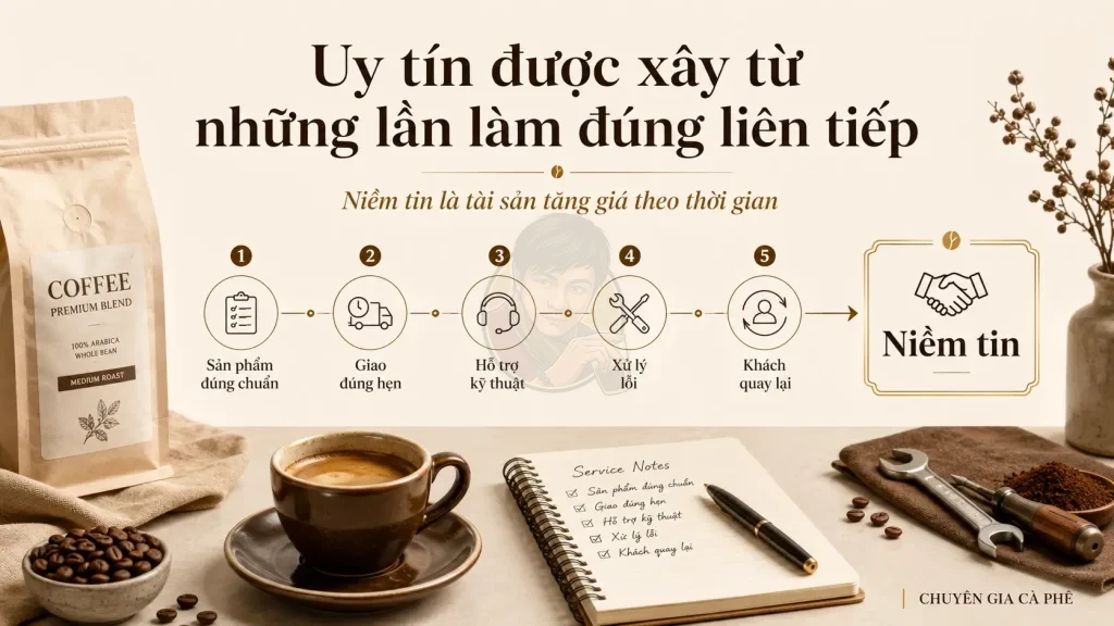 Uy tín thương hiệu cà phê được xây từ chất lượng ổn định, đúng cam kết, hỗ trợ và khách hàng quay lại.