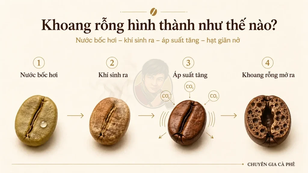 Quá trình hình thành void space trong hạt cà phê khi rang do nước bốc hơi và khí sinh ra.