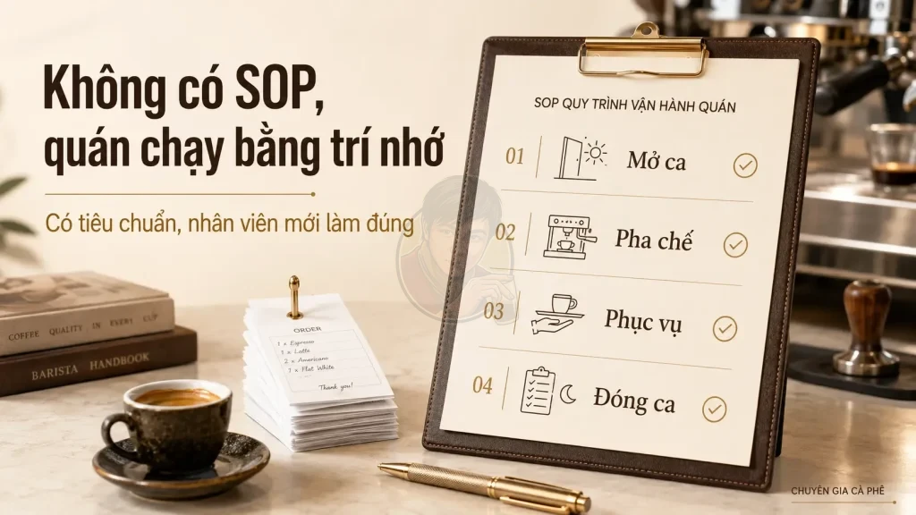 SOP quán cà phê giúp chuẩn hóa vận hành, pha chế, phục vụ và đóng ca.