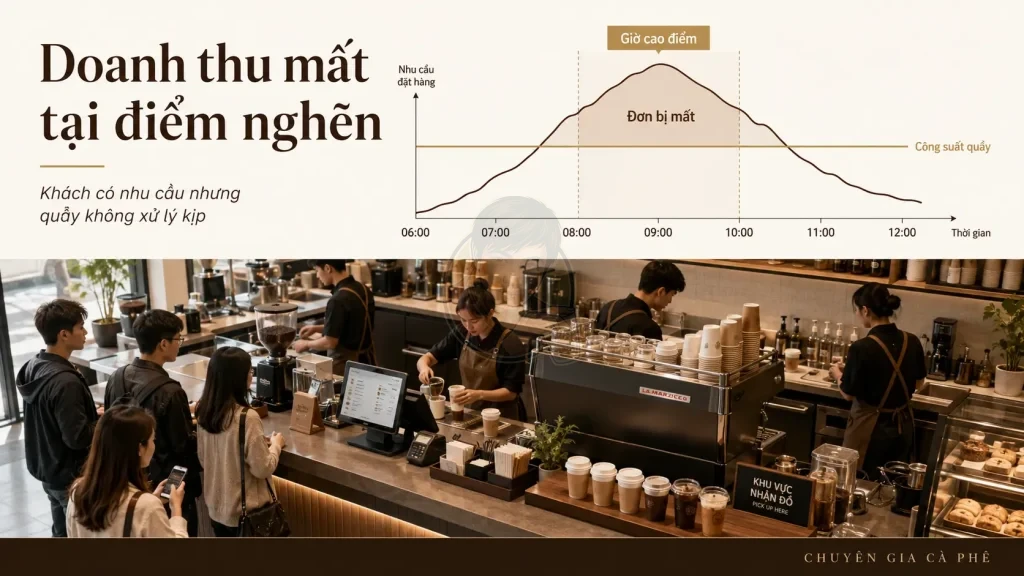 Điểm nghẽn công suất giờ cao điểm của quầy cà phê Take Away.