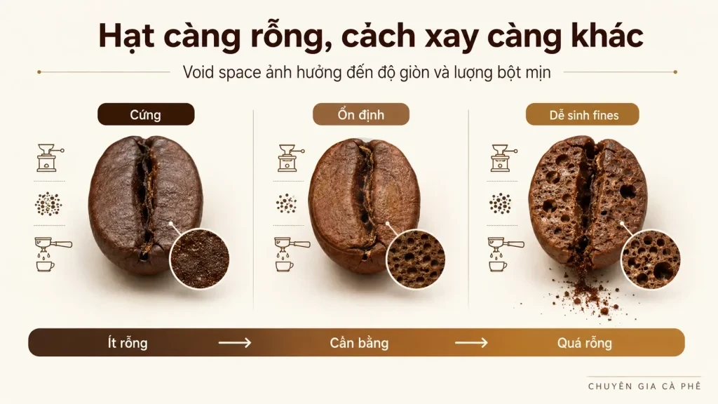 Void space trong hạt cà phê ảnh hưởng đến máy xay, độ giòn hạt và lượng bột mịn.