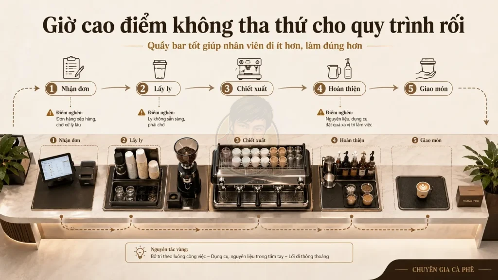 Workflow quầy bar cà phê giúp giảm điểm nghẽn và tăng tốc độ phục vụ trong giờ cao điểm.