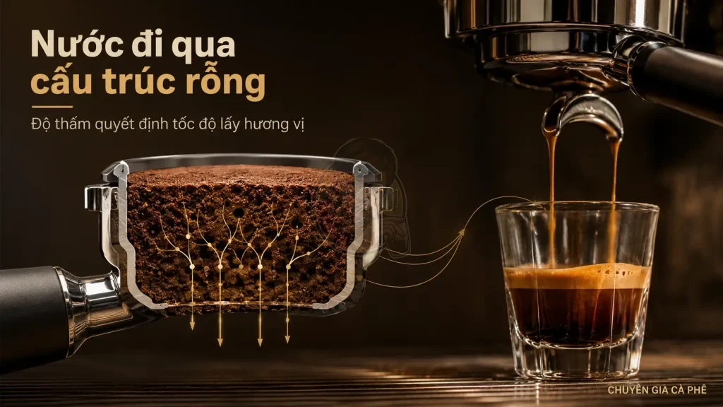 Đường đi của nước qua khoang rỗng trong bột cà phê khi chiết xuất espresso.