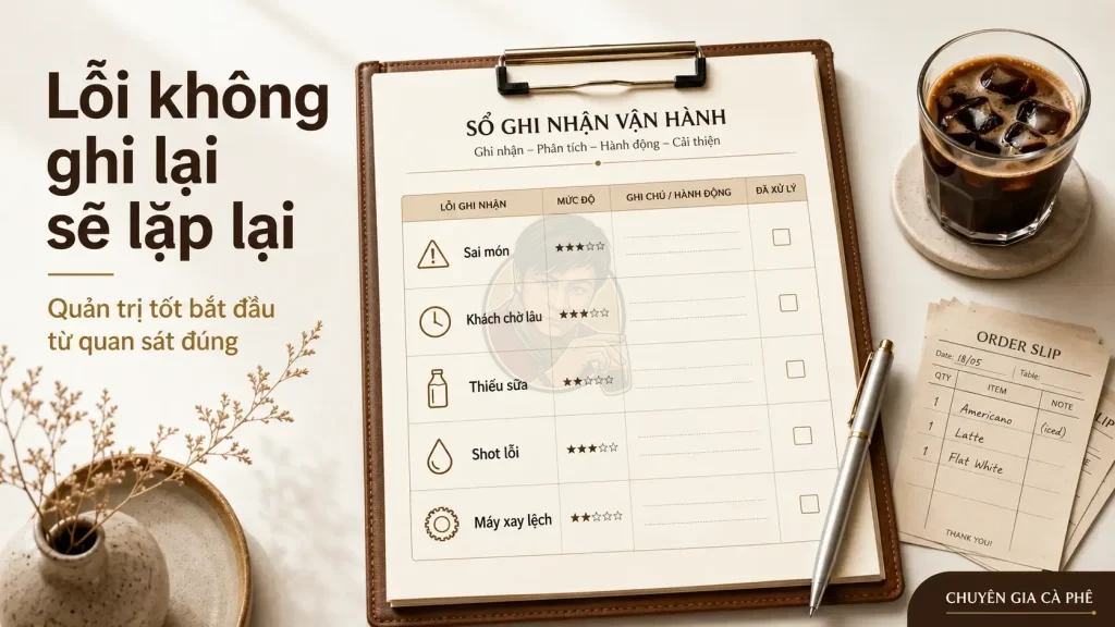 Sổ ghi lỗi vận hành quán cà phê giúp chủ quán kiểm soát sai sót và cải thiện quy trình.