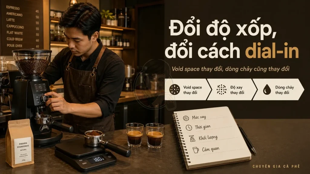 Barista dial-in espresso theo độ xốp và void space của hạt cà phê sau rang.