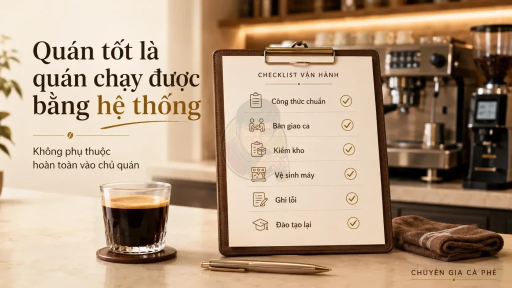 Checklist vận hành quán cà phê giúp chuẩn hóa công thức, bàn giao ca, kiểm kho và đào tạo nhân viên.