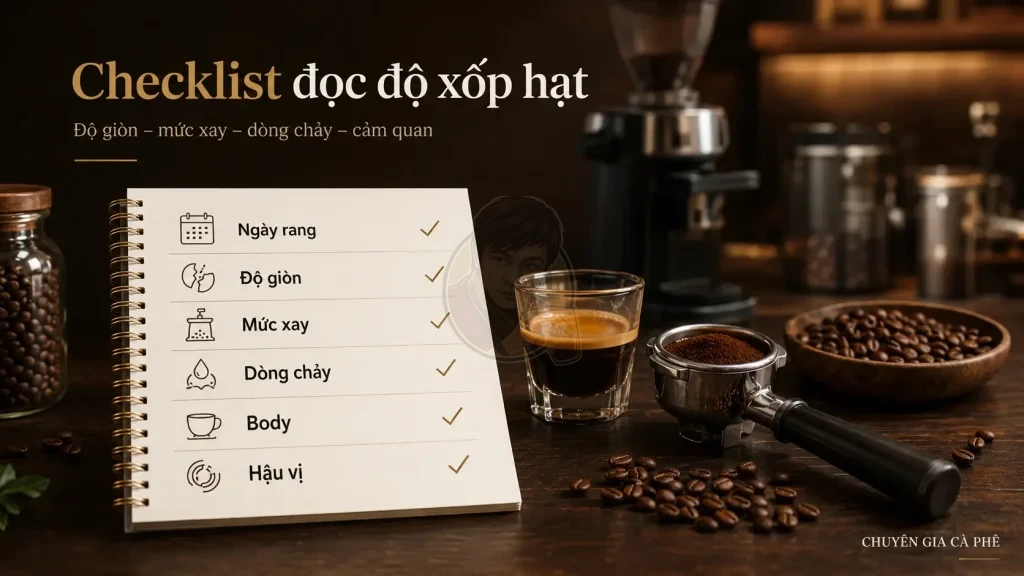 Checklist kiểm tra độ xốp và khoang rỗng hạt cà phê trước khi chiết xuất tại quán.