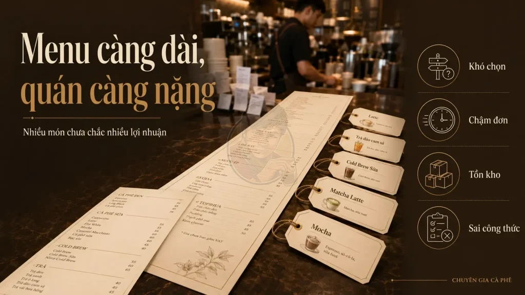 Menu quán cà phê quá dài làm vận hành chậm, tồn kho tăng và lợi nhuận giảm.