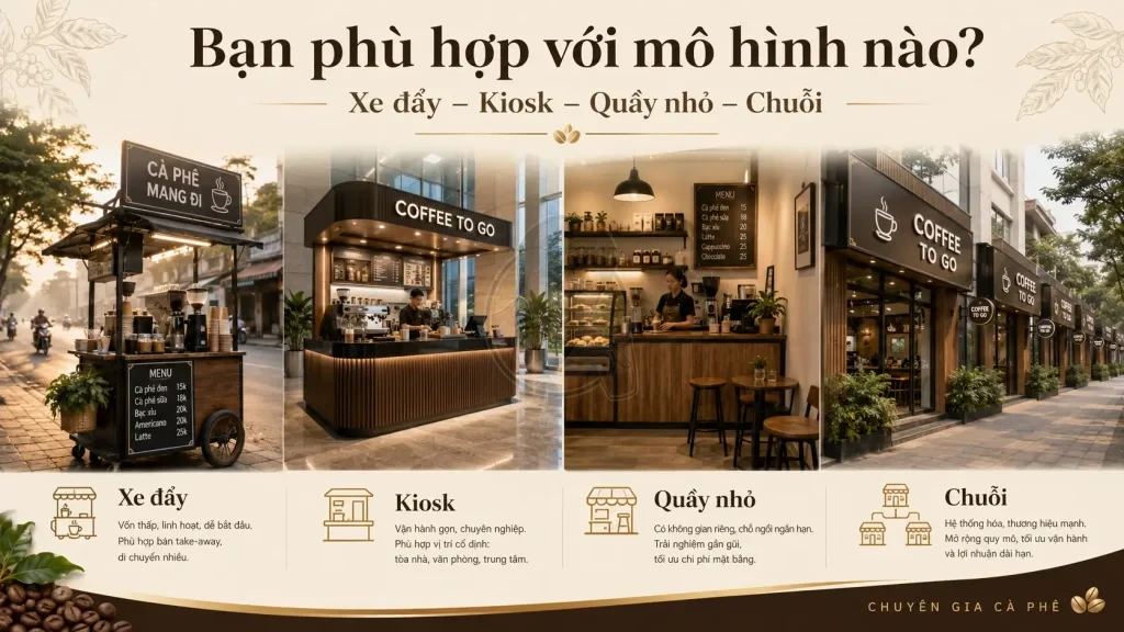 So sánh các mô hình cà phê Take Away phổ biến gồm xe đẩy, kiosk, quầy nhỏ và chuỗi.