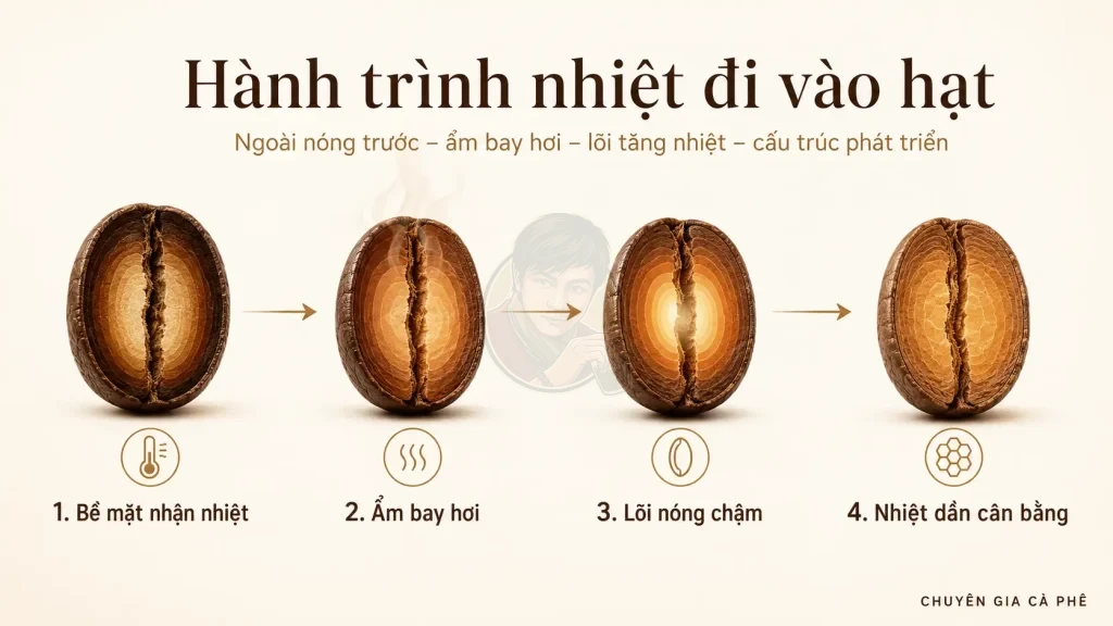 Infographic quá trình truyền nhiệt từ bề mặt vào lõi hạt cà phê trong quá trình rang.