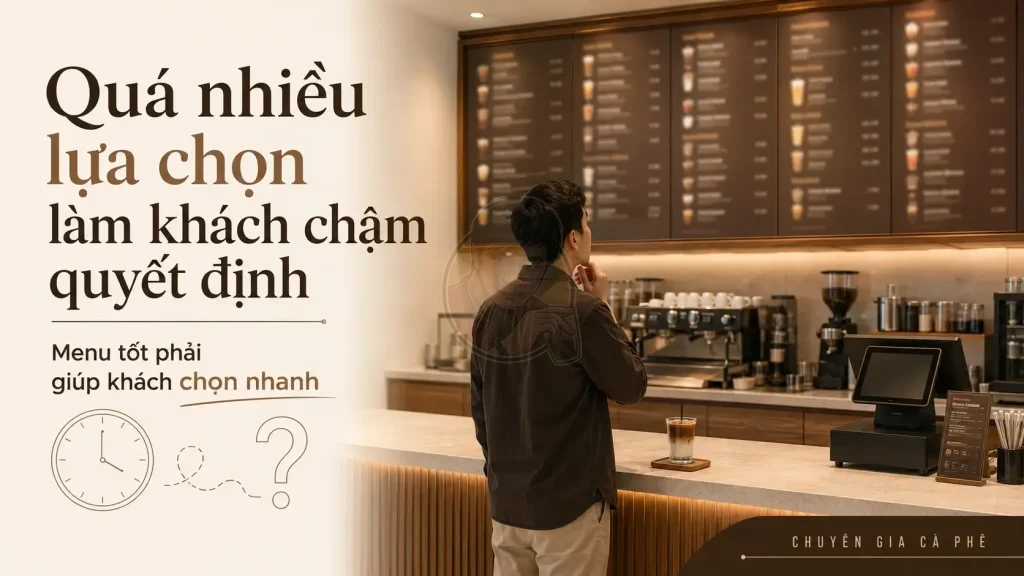Menu quán cà phê quá nhiều món khiến khách khó chọn và làm chậm tốc độ phục vụ.