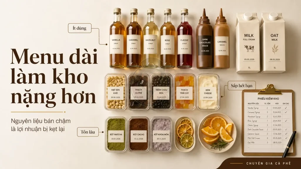 Menu cà phê dài khiến tồn kho nguyên liệu tăng, dễ hư hao và làm giảm lợi nhuận quán.