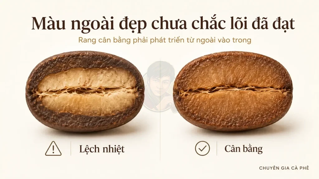 So sánh hạt cà phê rang lệch nhiệt và hạt cà phê rang cân bằng từ bề mặt đến lõi.