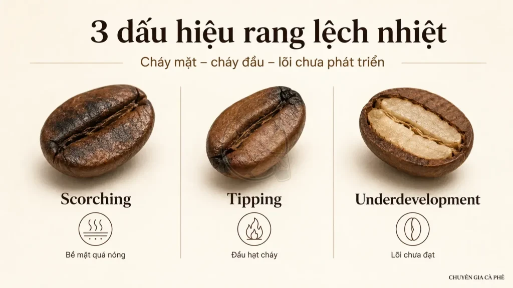 Các lỗi rang cà phê do gradient nhiệt gồm scorching, tipping và underdevelopment.