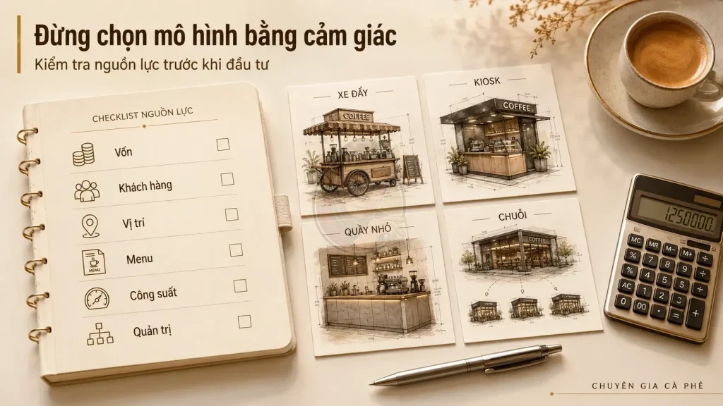 Checklist lựa chọn mô hình cà phê Take Away phù hợp với nguồn vốn và khách hàng.