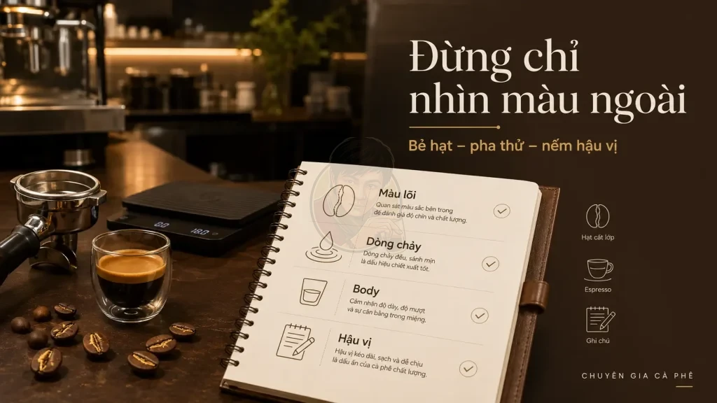 Kiểm tra gradient nhiệt bằng cách bẻ hạt cà phê và test espresso trong vận hành quán.