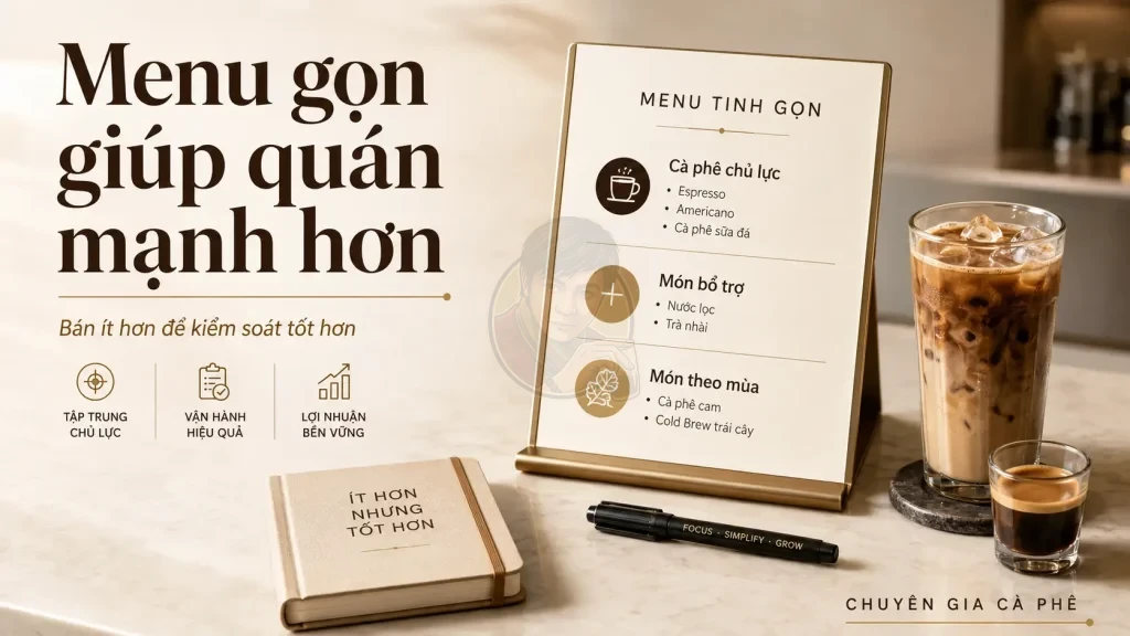 Menu quán cà phê tinh gọn giúp vận hành ổn định, kiểm soát chất lượng và tăng lợi nhuận.