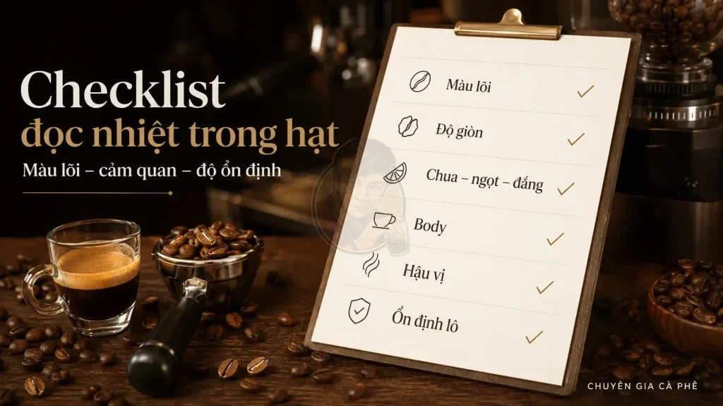 Checklist đánh giá gradient nhiệt trong hạt cà phê khi rang để kiểm soát chất lượng chiết xuất.