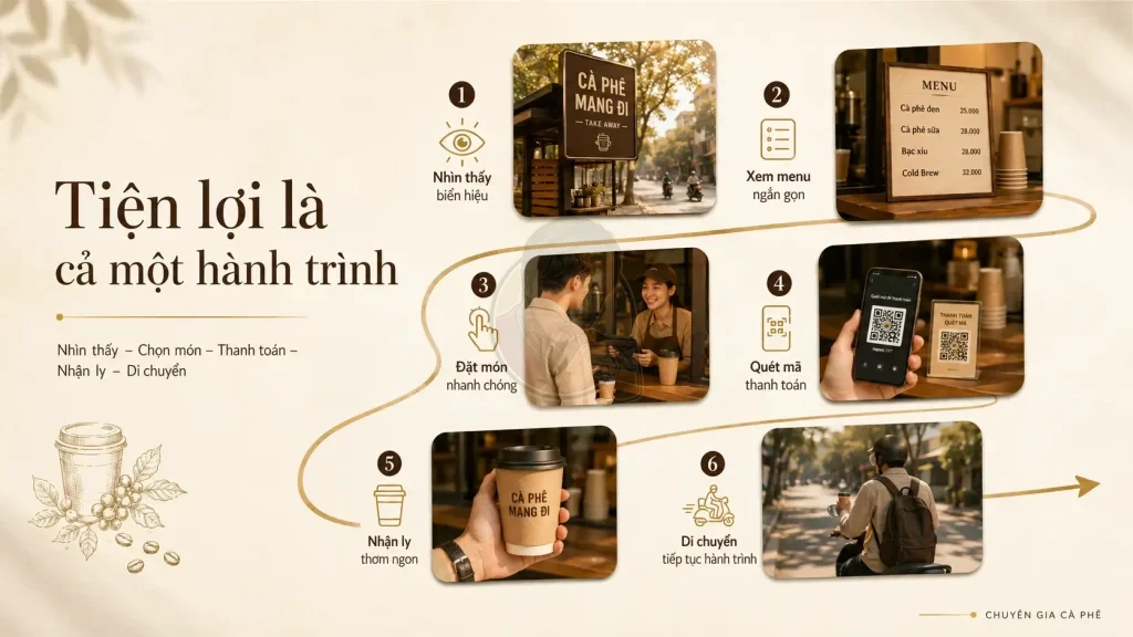 Hành trình trải nghiệm của khách hàng khi mua cà phê Take Away hiện đại.