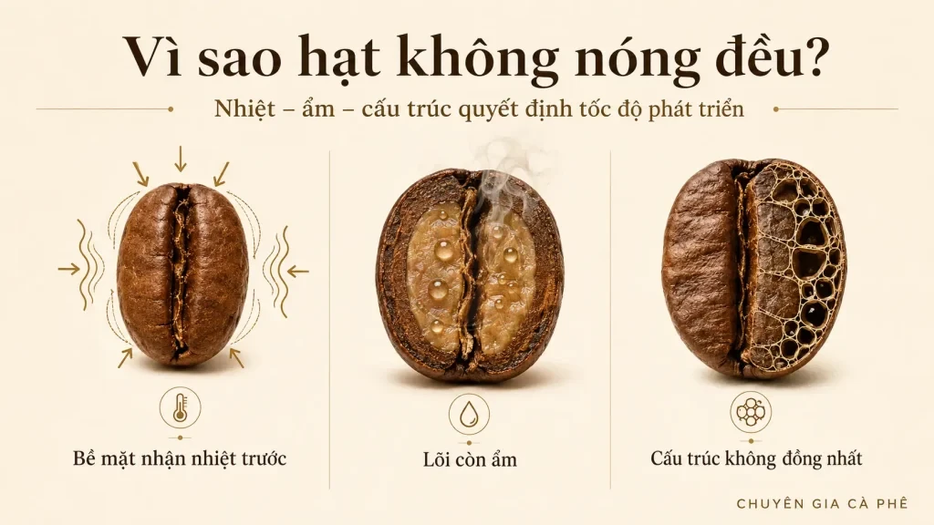 Nguyên nhân khiến nhiệt phân bố không đồng đều trong hạt cà phê khi rang gồm nhiệt, độ ẩm và cấu trúc hạt.