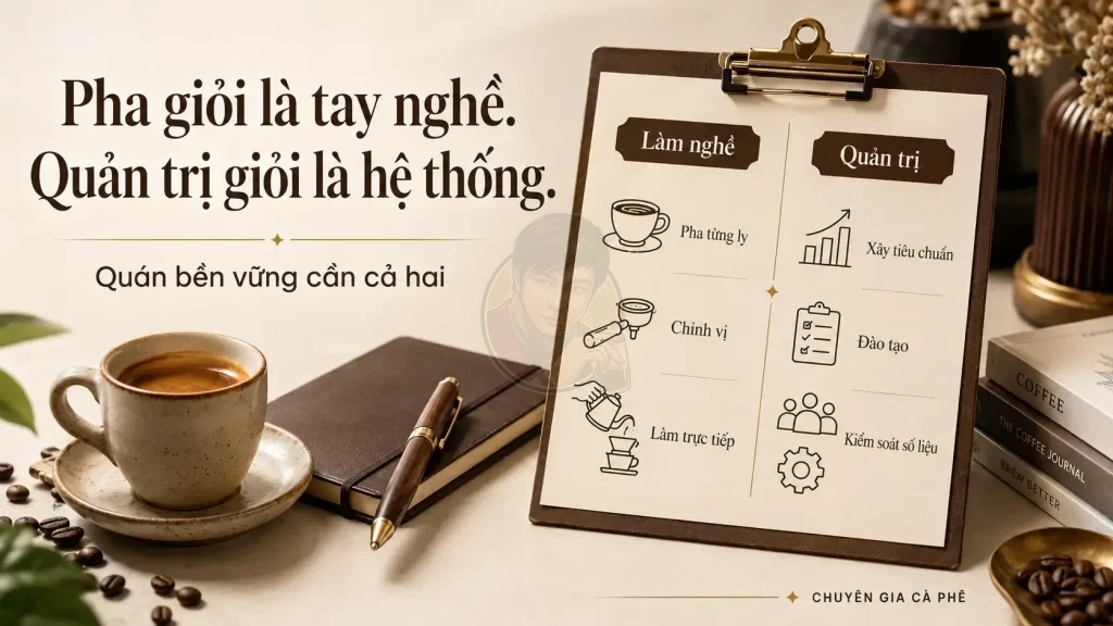 So sánh làm nghề và quản trị trong kinh doanh quán cà phê.