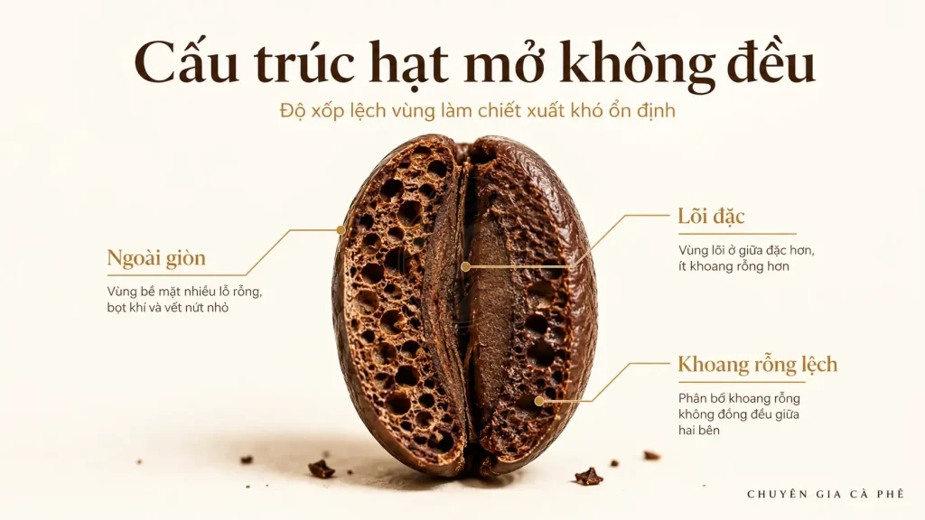 Cấu trúc hạt cà phê sau rang phát triển không đều do phân bố nhiệt không đồng đều.