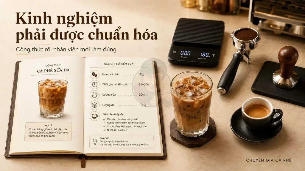Chuẩn hóa công thức pha chế giúp chủ quán cà phê đào tạo nhân viên và giữ chất lượng ổn định.