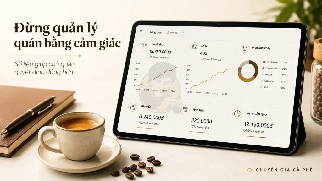 Dashboard quản trị quán cà phê giúp chủ quán theo dõi doanh thu, giá vốn, hao hụt và lợi nhuận.
