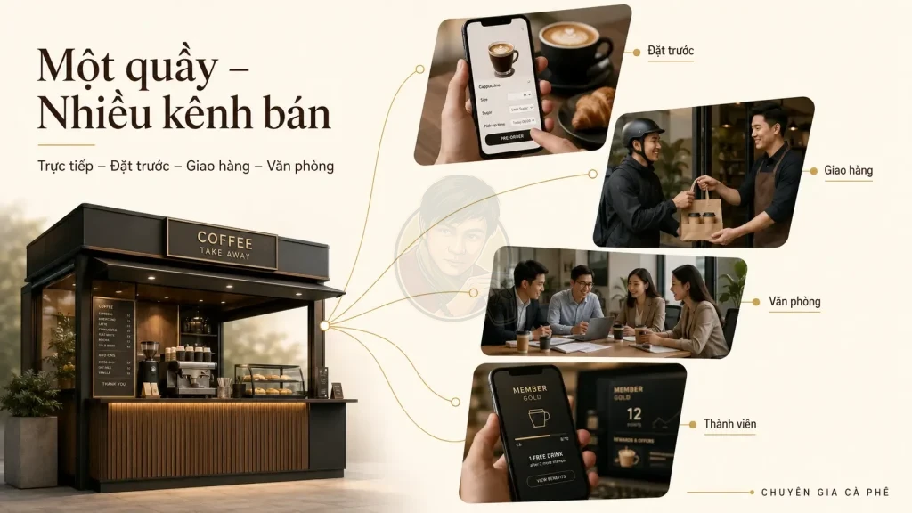 Mô hình bán hàng đa kênh của quán cà phê Take Away hiện đại.