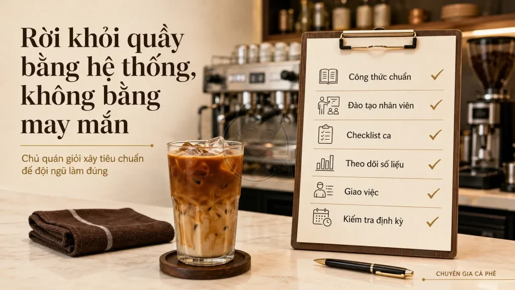 Checklist giúp chủ quán cà phê chuyển từ pha chế trực tiếp sang quản trị quán hiệu quả.